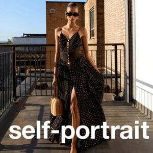 New Self Portrait Black And Gold Chiffon Maxi Evening Cocktail Dress Size US 6 S